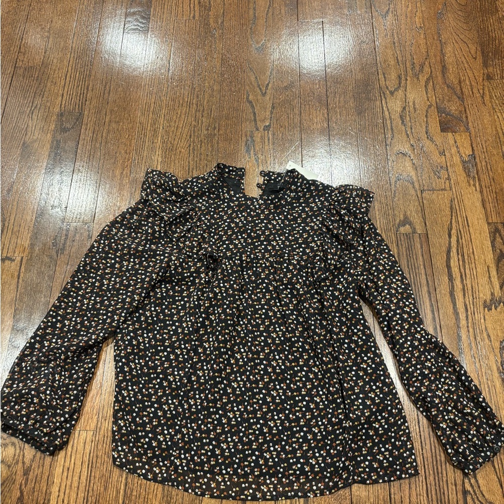 Madewell Black Floral Ruffle-Trim Long-Sleeve Blouse